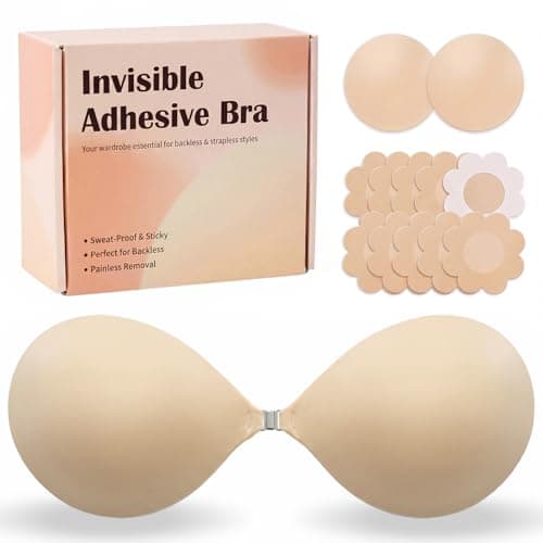 KeepMyself Reusable Magnetic Adhesive Bra Strapless Invisible Push Up Sticky Bra for Backless Party Dress with Nipple Covers for Women Beige C - Image 1