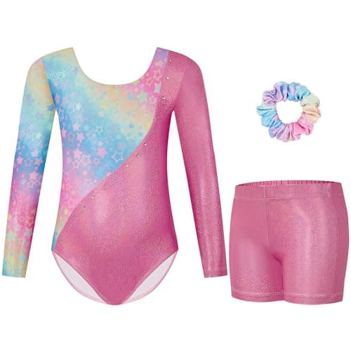 Gogokids Gymnastics Leotards for Girls Long Sleeve Sparkly Rhinestone Dance Unitard with Shorts & Scrunchie Activewear, D-pink, 5-6 years, 110 - Image 1