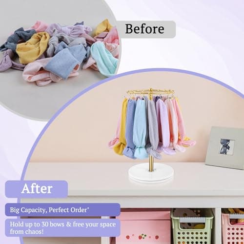 Planetgreen 360° Rotating Headband Holder for Baby Girls - Gold Hair Bow Organizer Display Stand with 30 Hooks - Spinning Hair Accessories Storage Rack for Nursery Room, Dresser & Vanity Table - Thumbnail 2