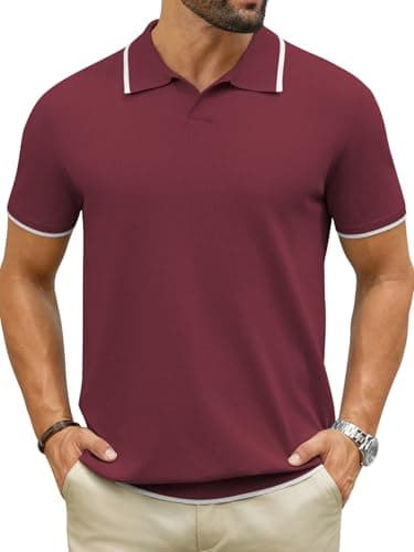 Hardaddy Men's Short Sleeve Knit Polo Shirts V Neck Color Block Lightweight Casual Collared Golf Shirt Wine Red 3XL - Image 1