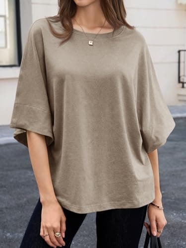 Cicy Bell Womens Oversized Half Sleeve T-Shirts Summer Casual Crew Neck Tshirt Loose Fit Side Slit Tee Tops Khaki - Thumbnail 2