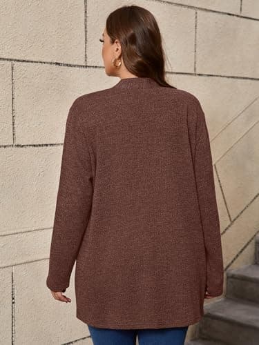 AusLook Women's Plus Size Lightweight Open Front Cardigan Dark Coffee 1X Causal Long Sleeve Sweater Cover Ups Jacket Shrugs Tops Shawls and Wraps Kimono - Thumbnail 2