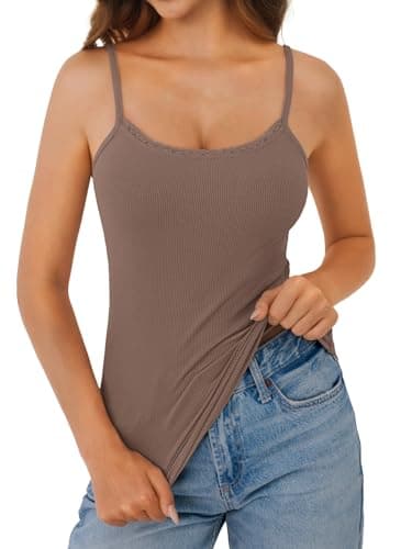GKBK Women Lace Tank Top Y2K Slim Fit Low Cut Adjustable Spaghetti Strap Sleeveless Camisole Cute Basic Summer Going Out Tops Brown L - Thumbnail 4