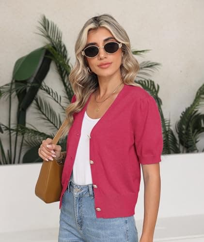 COSSEN Women's Cardigan Sweaters Rose Red X-Large V Neck Bolero Crop Coat Crochet Button Down Short Sleeve Short Tops Trendy Open Front Lightweight Jacket Summer Knit Cropped Shrug for Dress - Thumbnail 4