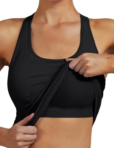 Women's Seamless Racerback Tank Top, Crew Neck Workout Yoga Padded Athletic Shirts Black - Thumbnail 3