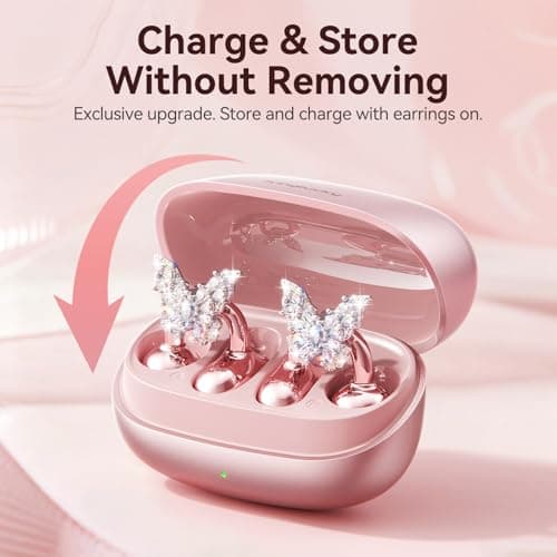 Kinglucky Gen2 Clip-On Open Ear Earbuds with Sparkle Butterfly Earrings, Earrings-On Storage Case, Bluetooth 5.4 Wireless Headphones for Women, 40H Playtime, Comfortable Fit for Small Ears, Rose Gold - Thumbnail 5