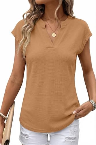 AUMORA Womens Waffle Knit V Neck Cap Sleeve T Shirts Summer Casual Solid Color Basic Tops for Women Khaki - Image 1