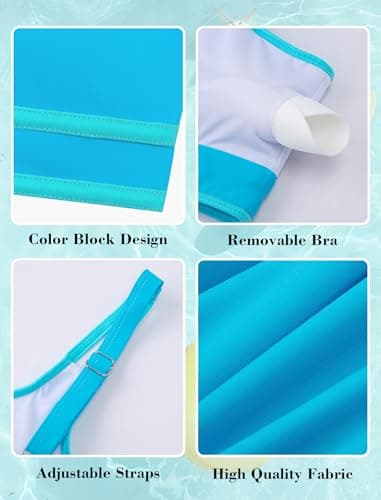 Bathing Suits for Teens Girls Blue Swimsuits Size 12-14 Two Piece Color Block Trajes De Baño para Niñas Blue Swim Neon Sport Bikini Sets Adjustable Double Straps Top Bottoms Padded Modest Swimwear - Thumbnail 6