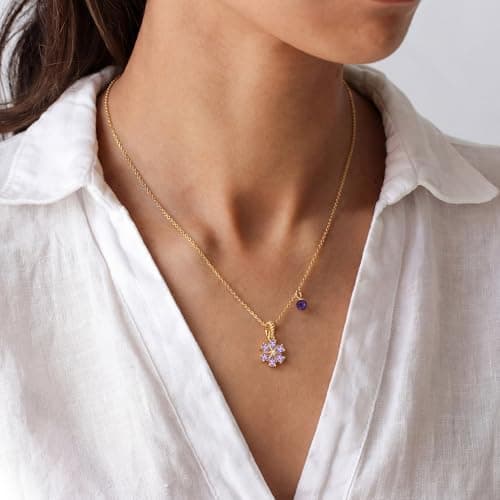 MYEARS Birthstone Necklace for Women 14K Gold Plated Dainty Purple Flower Pendant Necklace Cute Tiny Charm Birthday Gifts Jewelry for Women Trendy - February - Thumbnail 2
