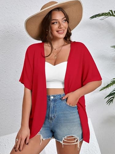 AusLook Women's Plus Size Short Sleeve Lightweight Open Front Cardigan Red 3X Cover Ups Shrugs Shawls and Wraps Kimono Jacket Coat - Thumbnail 4