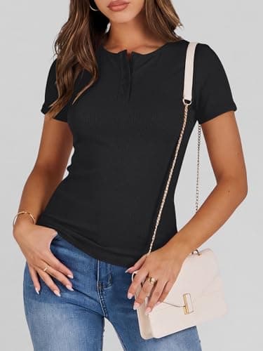 ANRABESS Womens Tops Short Sleeve Henley Shirts 2026 Summer Ribbed Slim Fit Basic Casual Tee Blouse Trendy Spring Clothing Black Small - Thumbnail 4