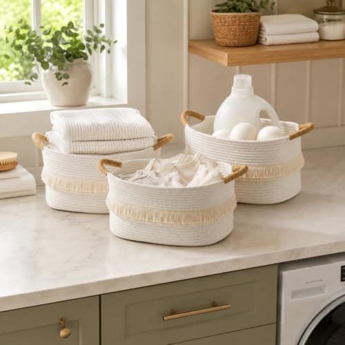 BUBUSUN Woven Baskets, 3-Pack Storage Basket for Living Room, Bedroom, Nursery, Stylish Gift Basket with Handles, Cotton Rope Basket for Toys and Shelves, Multi-Purpose Organizer, White - Thumbnail 6