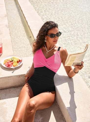 Pink Queen One Piece Swimsuits Women Patchwork Ruched Tummy Control Modest Bathing Suit Pool Swimming Wear Pink XL - Thumbnail 6