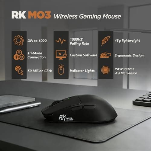 RK ROYAL KLUDGE RK MO3 Wireless Gaming Mouse, 48g Lightweight Computer Mouse, Bluetooth/2.4G/Wired Rechargeable PC Game Mice with Programmable Buttons, 6000 DPI, PAW3809 Sensor for Laptop/Mac, Black - Thumbnail 2