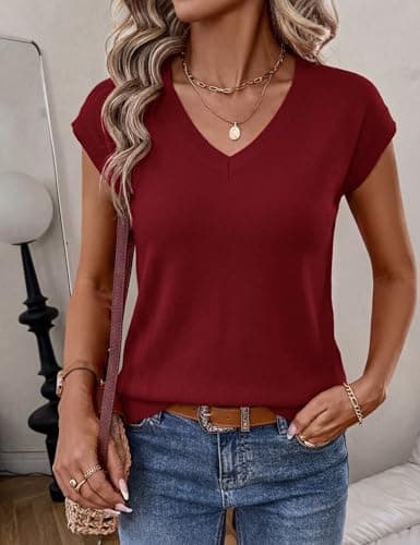 LaGracia Short Sleeve Sweater for Women V Neck Wool Blend Cashmere Cropped Sweaters Business Casual Cap Sleeve Sweater Tops Summer Trendy Outfits Dark Red S - Thumbnail 5