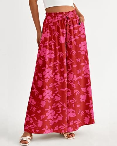 BTFBM Wide Leg Palazzo Pants for Women 2026 Summer Spring Casual High Waisted Flowy Trousers Boho Beach Vacation Outfits(Print Red, Large) - Thumbnail 3