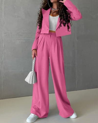 KIRUNDO 2 Piece Sets for Women Fall Casual Button Down Oversized Blazer Jackets and Pants Suits Brunch Work Outfits(Pink, X-Large) - Thumbnail 3