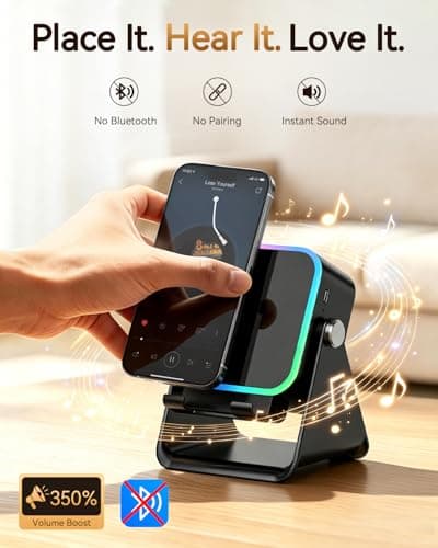Gifts for Men Tech Gadgets Wireless Induction Speaker with Phone Stand, 5-in-1 Bluetooth Speaker with RGB Light, Adjustable Desk Phone Holder with Emergency Charging for Home Office Kitchen Use - Thumbnail 2