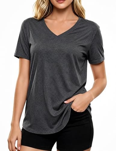 LETSEE Short Sleeve V-Neck Top Women’s Workout Shirt Loose Fit Stretch T-Shirt Casual Tee for Daily Wear and Travel Dark Grey - Image 1