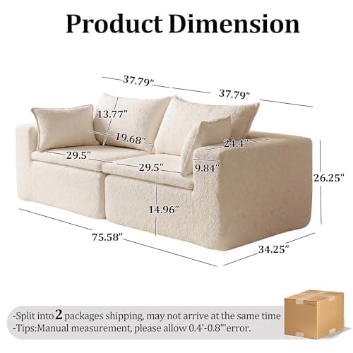 Boneless Loveseat Sofa, 2 Seater Couch with 4 Pillows, No Assembly Required, Soft High Density Foam Cushion, Modern Living Room Futon for Small Space Apartment and Office (White, 75.58" 2 Seaters) - Thumbnail 2