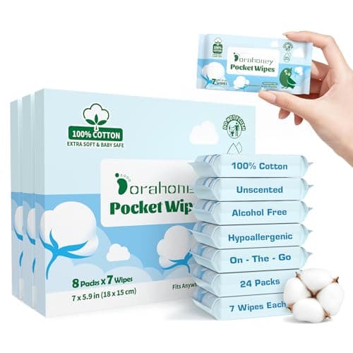 Dorahoney 100% Cotton Travel Wipes for Sensitive Skin, 99% Water Hypoallergenic Mini Wet Wipes, Unscented Pocket Wipes Travel Essentials for Adults, Kids & Baby Care, 168 Count (24 Packs of 7) - Image 1