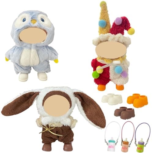 Ezcora 3PCS Animal Costume Outfits for 17cm Dolls, Include Blue Penguin, Brown Rabbit, and Festive Clown Clothes with Shoes and Mini Bottle, Cute Dress Up Accessories, (No Dolls)