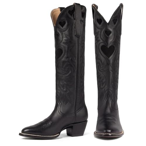 POYOIOR Black Cowboy Boots for Women Wide Calf Round Toe Chunky Stacked Heel Knee High Cowgirl Boot Heart Pattern Classic Embroidered Tall Western Booties Pull on Size 8.5 - Image 1