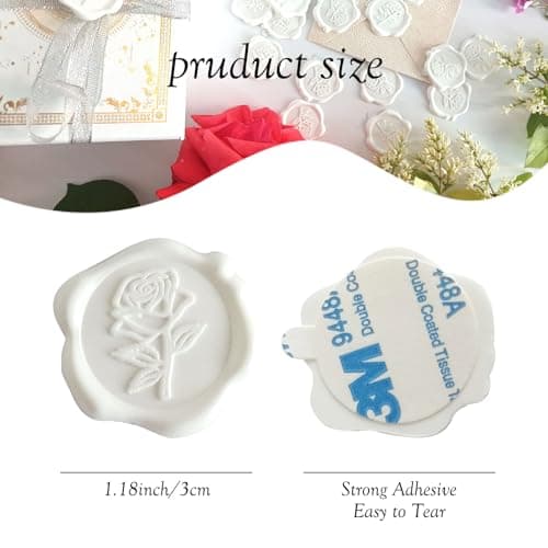 Pilloze 50 Pcs Adhesive White Rose Wax Seal Stickers, Roses Seal for Envelope, Easy to Use and Good Adhesion White Envelope Stickers, Wedding Invitation Accessories - Thumbnail 2