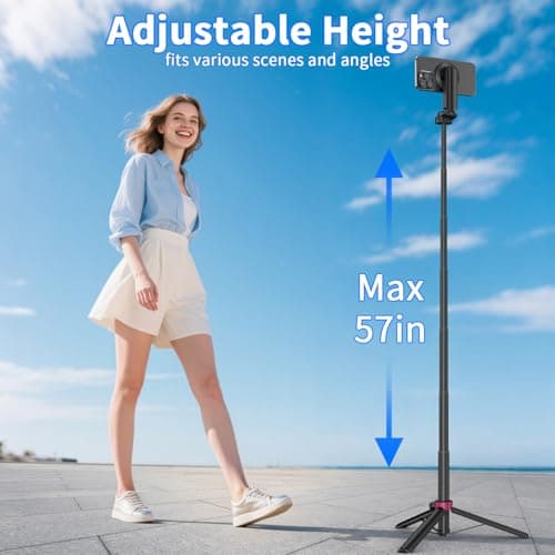Kinwald 57" MagSafe Compatible Phone Tripod with Remote, Strong Magnetic Selfie Stick, Secure & Portable Tripod for iPhone Android, Travel Video Recording & Vlog (Black) - Thumbnail 4