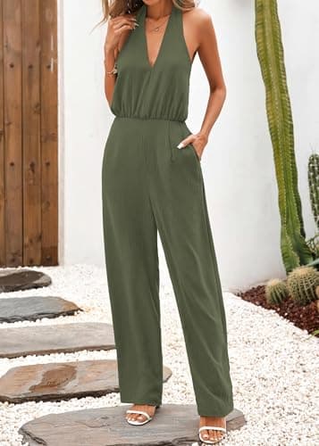 Lazysmile Summer Jumpsuits for Women Sleeveless Halter Backless Pants Romper Dressy Wide Legs One Piece Outfits - Thumbnail 6