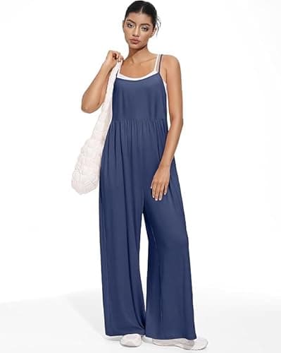 EUYZOU Jumpsuits for Women Casual Loose Fit Summer Outfits Wide Leg Rompers Sleeveless Vacation Trendy One Piece Jumpers, Navy XXL - Thumbnail 2