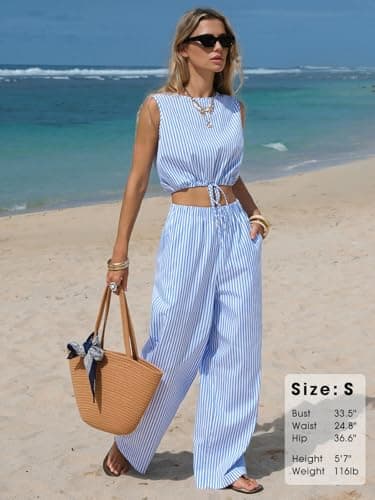 EXLURA Womens 100% Cotton 2 Piece Outfits Stripe Drawstring Crop Tank Tops Wide Leg Pant Sets Faux Linen Summer Cruise Beach - Thumbnail 3