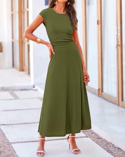 BTFBM Summer Outfits For Women 2026 Two Piece Sets Casual Crew Neck Short Sleeve Cropped Spring Tops Midi Skirt Lounge Set(Army Green, Large) - Thumbnail 2