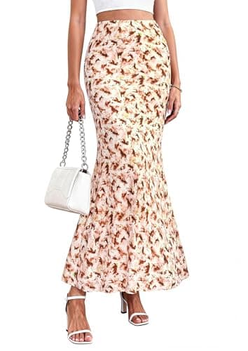 PRETTYGARDEN Women's Maxi Skirt 2026 Summer Flowy Polka Dot Floral High Waisted Mermaid Office Work Spring Long Slip Skirts (Brown Floral,X-Small) - Image 1