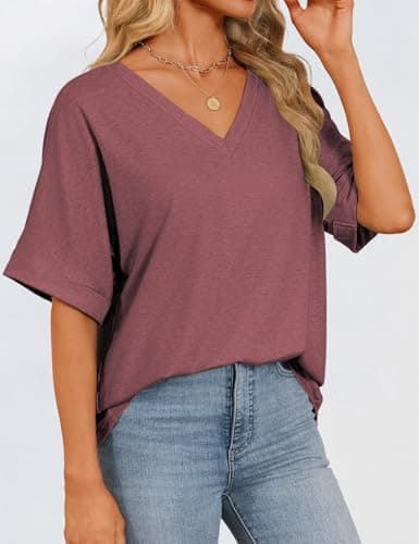 GKBK Womens Oversized T Shirts V Neck Loose Fit Shirts Short Sleeve Summer Casual Tops 2025 Trendy Blouses Y2K Plain Tees Wine M - Thumbnail 3