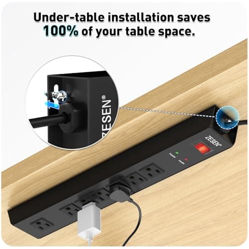 ZESEN 7 Outlet Metal Long Power Strip with Overload Protection & 1500J Surge Protection, 6ft Cord Wall Mounted Industrial Power Strip for Office Workshop Garage, ETL Listed(15A/1875W), Black - Thumbnail 6