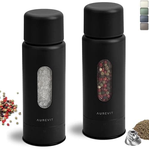 Aurevit Salt And Pepper Grinder Set Manual, Salt And Pepper Mill With Ceramic/Stainless Steel Core, External Adjustable Coarseness, Refillable, Durable (2 Packs, Black) - Image 1