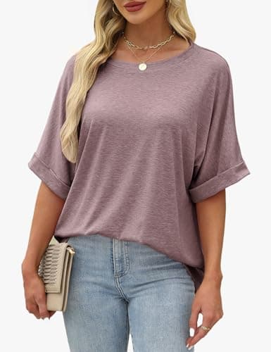 GKBK Womens Oversized T Shirts Crew Neck Short Sleeve Tops Spring Summer Business Dressy Casual Loose Fit Workout Work Blouse Tee Shirt 2026 Beach Trendy Plus Size Clothes Outfit Gray Purple XXL - Thumbnail 3