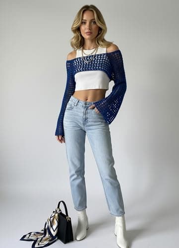 hathne Women Hollow Out Sweater Crop Flounce Off See Through Crochet Top Trumpet Long Sleeve Knit Top(Dark Blue,XL) - Thumbnail 4