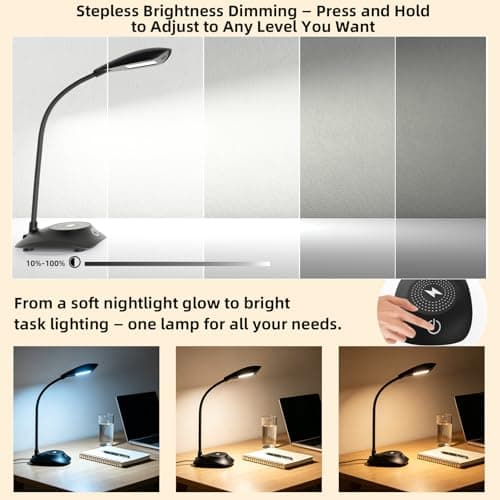 Zensun Desk Lamp for Home Office Compatible with MagSafe Wireless Fast Charging, Dimmable 3 Color Modes, 600LM, CRI 85, Adjustable Neck Study Lamps for College Dorm Room, Adapter Not Included, Black - Thumbnail 3