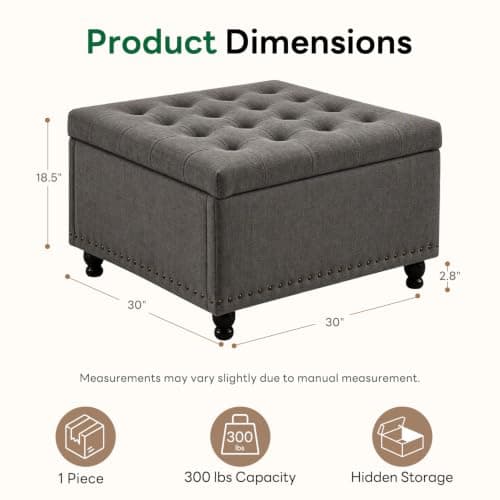 Tbfit Large Square Storage Ottoman Bench, Tufted Upholstered Coffee Table with Storage, Oversized Storage Ottomans Toy Box Footrest for Living Room, Dark Grey - Thumbnail 2