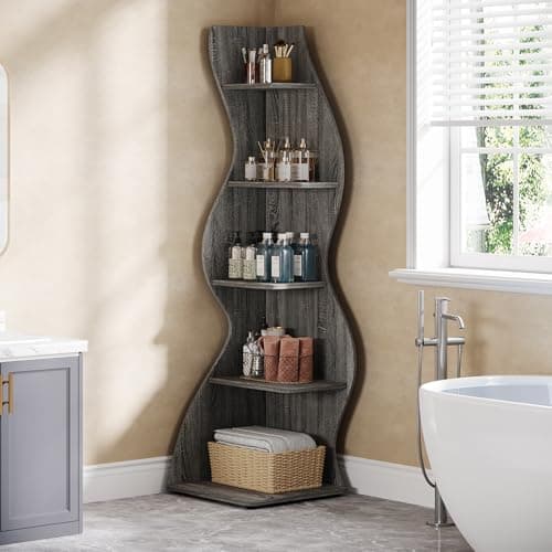 Tribesigns Wavy Corner Shelf, Modern 5-Tier Bookshelf Bookcase with Curvy Shape, Unique Plant Stand Display Rack for Living Room Small Space (Gray) - Thumbnail 4