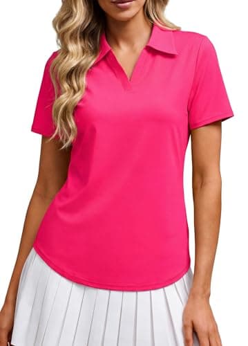 Alaroo Women's Golf Polo Shirts Short Sleeve Collared V Neck Tennis Golf Shirt Casual UPF 50+ Athletic Workout Tops Rose Red XL - Image 1