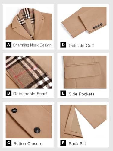 Runcati Men's Pea Coat with Detachable Plaid Scarfs Fall Single Breasted Wool Blend Trench Coat Winter Overcoat - Thumbnail 5
