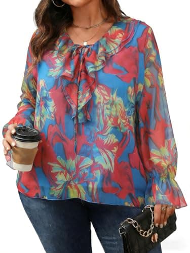Charming Ashley Plus Size Floral Blouse for Women with Long Sleeve Ruffled Collar V Neck Tie Casual Top for Summer Spring Yellow Floral - Image 1