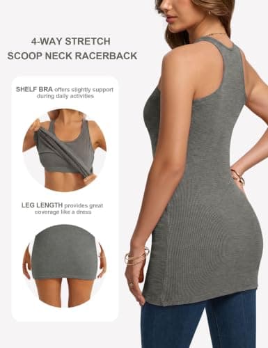 Missclub 3 Pack Grey Shelf Bra Tank Tops for Women Ribbed Racerback Long Tank Top with Shelf Bra Cotton Tunics M - Thumbnail 4