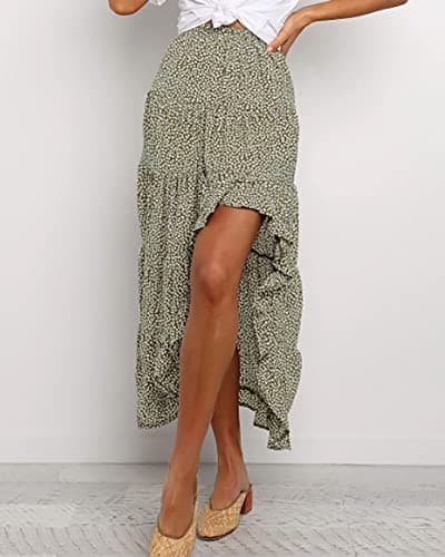 BTFBM Women 2026 Spring Summer Long Skirts Dress Boho Floral Elastic Waist Split Ruffle High Low Beach Maxi Skirt Clothes(Green, Medium) - Thumbnail 2