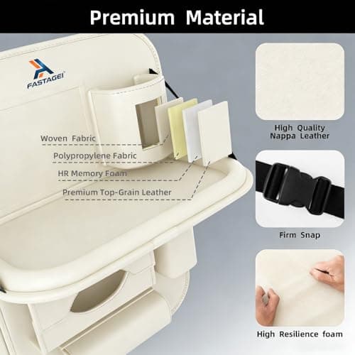 FASTAGEI 2 Pack Universal Premium Leather Foldable Car Backseat Organizer with Table Tray, Car Seat Back Protector with Garbage Bag Touch Screen Pad Holder, Car Kick Mats with Tissue Box (Beige) - Thumbnail 4