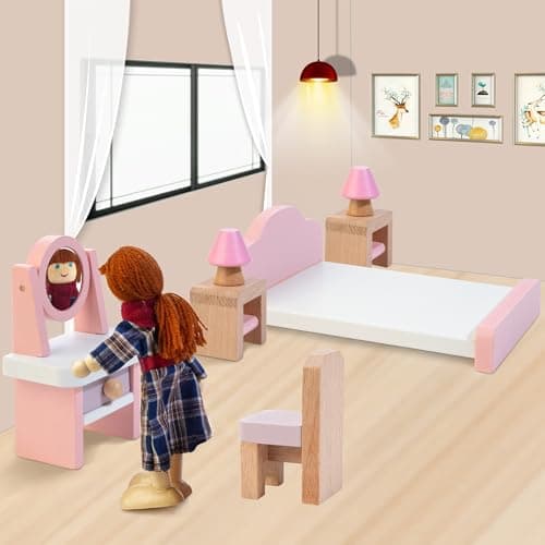 Kizfarm Wooden Dollhouse Furniture Set with 4 Family Dolls, 26 Pcs Pretend Play Dollhouse Accessories for 4 Rooms, Pink Furniture Toys Birthday Gifts for Girls Boys Age 3+ - Thumbnail 5