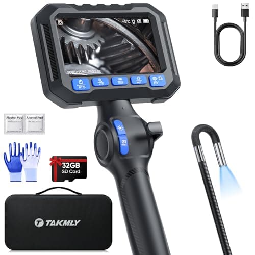 T Takmly Two-Way Articulating Borescope with Light, 210° Steerable 1080P Endoscope Camera, 0.23inch Semi-Rigid Snake Scope, 4.3" IPS Screen, 32GB, 5.5FT for Automotive Engine HVAC Wall Mechanics